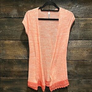 Coral Open-Front Knit Cardigan with Lace Trim